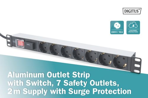 Digitus Aluminum outlet strip with switch 7 safety outlets 2m supply with surge protection