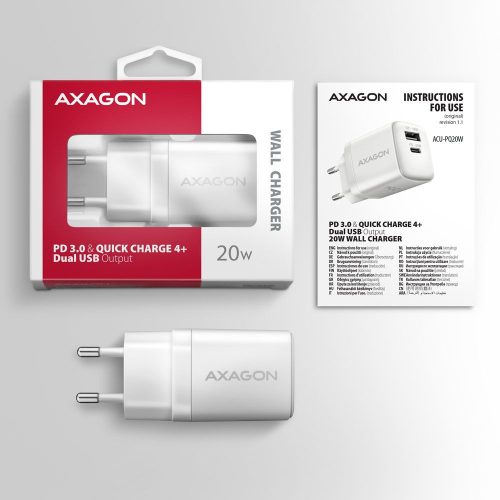 AXAGON ACU-PQ20W PD3.0 & QC4+ Dual Outputs Wall Charger 20W White