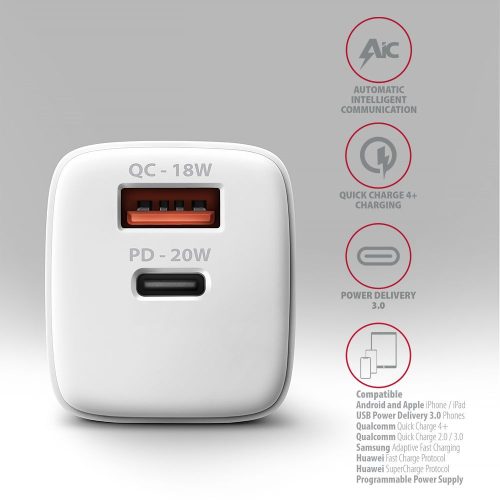 AXAGON ACU-PQ20W PD3.0 & QC4+ Dual Outputs Wall Charger 20W White
