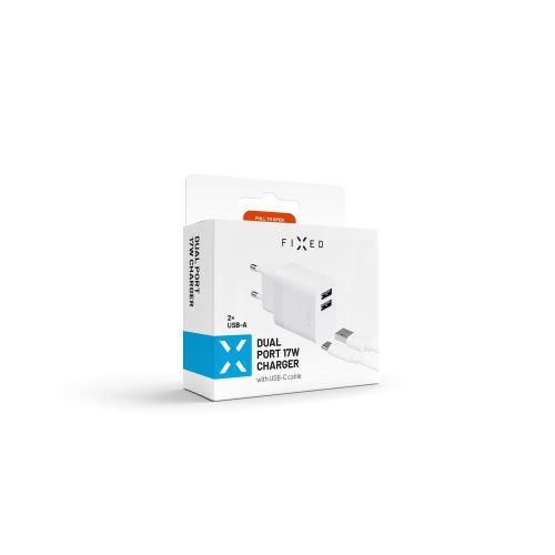FIXED hálózati töltő, 2*USB-A kimenet, 17W + USB/USB-C kábel, fehér
