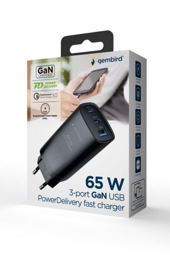 Gembird 3-port 67W GaN USB PowerDelivery fast charger Black