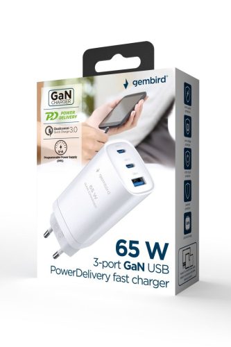 Gembird 3-port 67W GaN USB PowerDelivery fast charger White