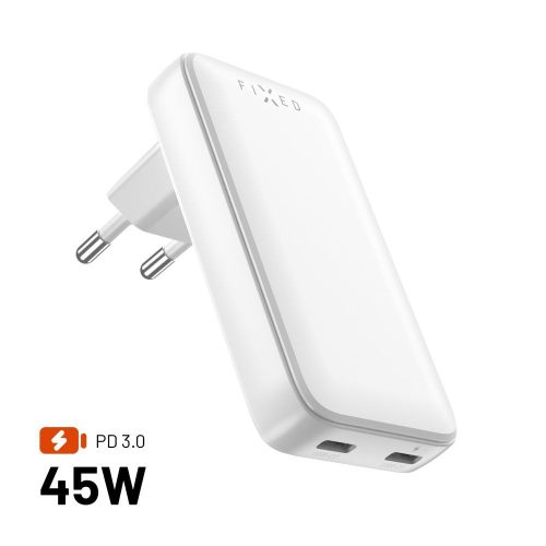 FIXED Slim 2xUSB-C úti töltő GaN PD 45W-os fehér