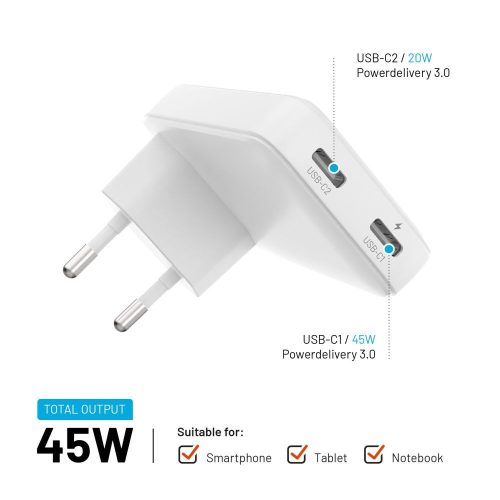 FIXED Slim 2xUSB-C úti töltő GaN PD 45W-os fehér