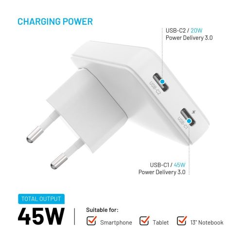 FIXED Slim Traveller 2xUSB-C utazási töltő világadapter GaN 45W, fehér