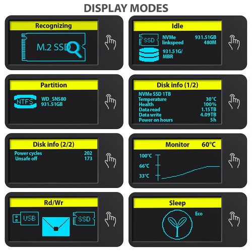 AXAGON EEM2-SD2 USB-C 10Gbps – M.2 NVMe & SATA SSD Display Box Silver