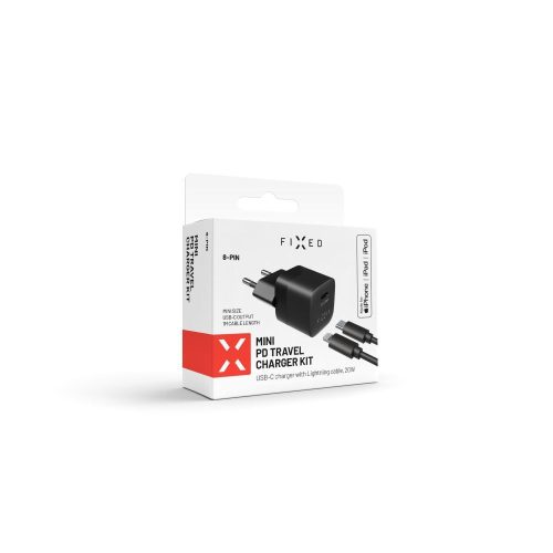 FIXED Mini hálózati töltőkészlet USB-C kimenettel és USB-C/Lightning kábellel 20W 1m, fekete