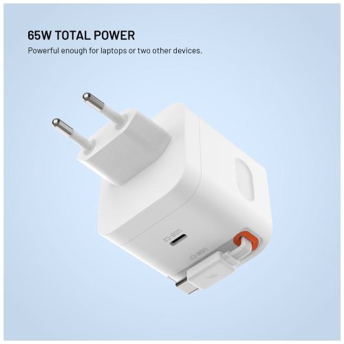 FIXED 2xUSB-C töltő visszahúzható kábellel, GaN PD 3.0 támogatással, 65W, fehér
