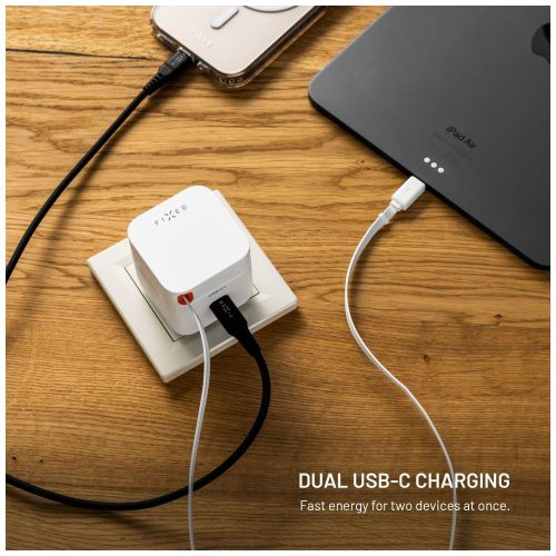 FIXED 2xUSB-C töltő visszahúzható kábellel, GaN PD 3.0 támogatással, 65W, fehér