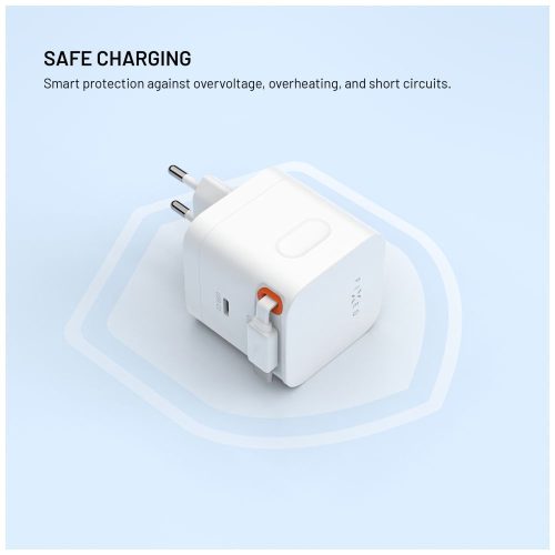 FIXED 2xUSB-C töltő visszahúzható kábellel, GaN PD 3.0 támogatással, 65W, fehér