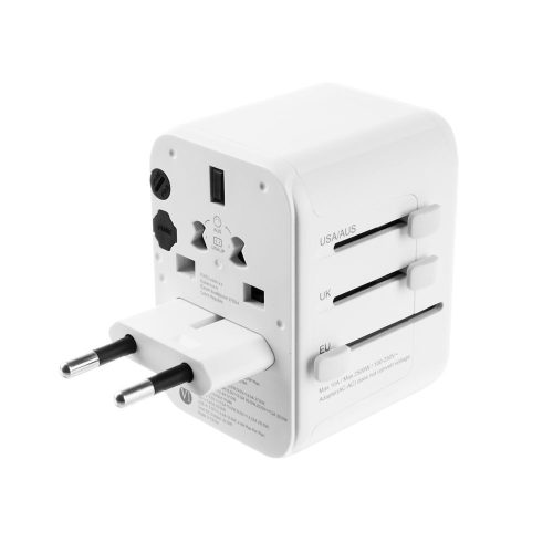 FIXED Utazóadapter EU, UK és USA/AUS számára, 1xUSB-C és 2xUSB kimenettel, GaN PD 30W, fehér