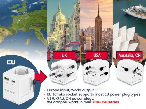 Gembird Grounded universal travel power adapter 20W White
