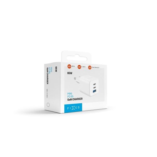 FIXED Mini 2x USB-C, USB-A GaN töltő adapter 65W, fehér