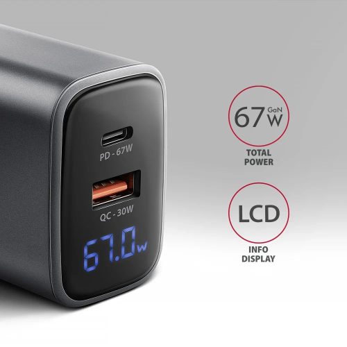 AXAGON ACU-PQ67D PD3.0 & QC4+ 2xOUTPUTS LCD display wall charger 67W Black