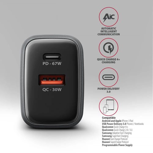 AXAGON ACU-PQ67D PD3.0 & QC4+ 2xOUTPUTS LCD display wall charger 67W Black