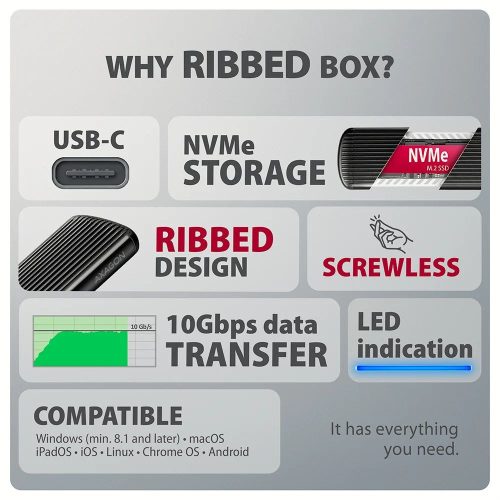 AXAGON EEM2-SC USB-C 10Gbps M.2 NVMe SSD RIBBED Box