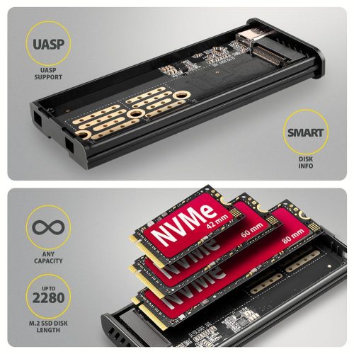AXAGON EEM2-SD2B USB-C 10Gbps – M.2 NVMe & SATA SSD Display Box Black