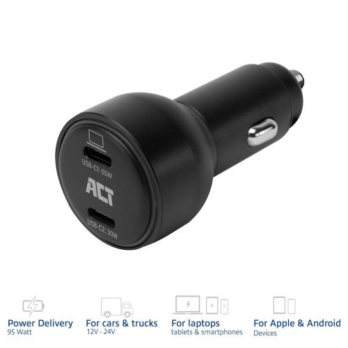 ACT 2-port USB-C Fast Car Charger 95W with PD, QC and GaNFast Black