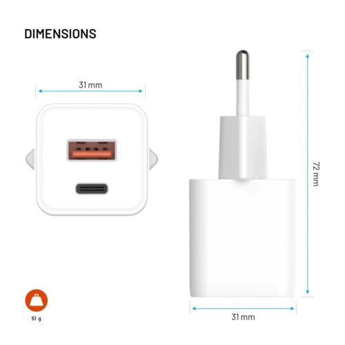 FIXED Mini GaN hálózati töltő USB-C és USB kimenettel, PD támogatással, 30W, fehér