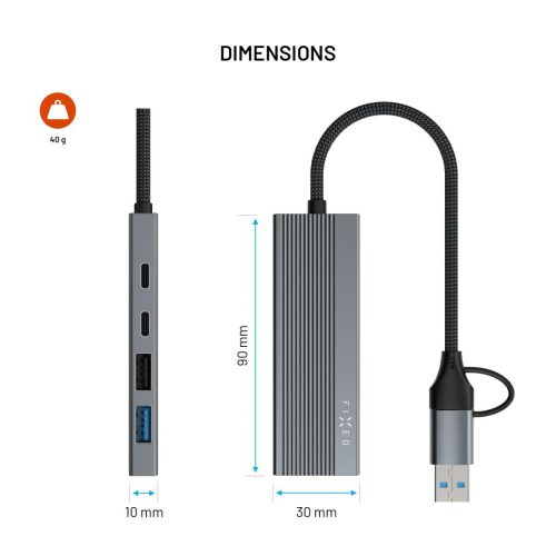 FIXED 4 portos USB-HUB, sötétszürke