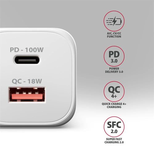 AXAGON ACU-PQ100W GaN Wall Charger 100W for laptops and phones White