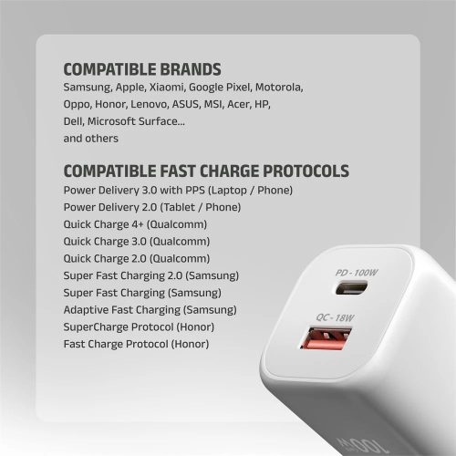 AXAGON ACU-PQ100W GaN Wall Charger 100W for laptops and phones White