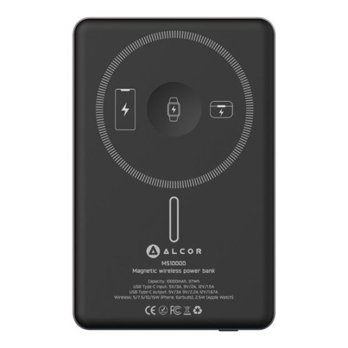 Alcor MS10000 Qi2 MagSafe Mágneses, vezeték nélküli vésztöltő, 10000 mAh, 20 W - fekete
