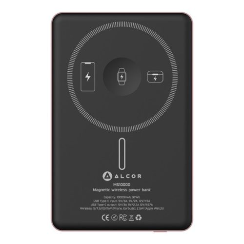 Alcor MS10000 Qi2 MagSafe Mágneses, vezeték nélküli vésztöltő, 10000 mAh, 20 W - rózsa arany