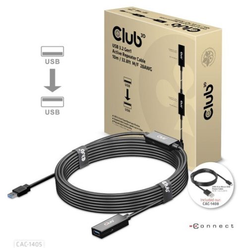 Club3D USB 3.2 Gen1 Active Repeater kábel - 10 m Male/Female