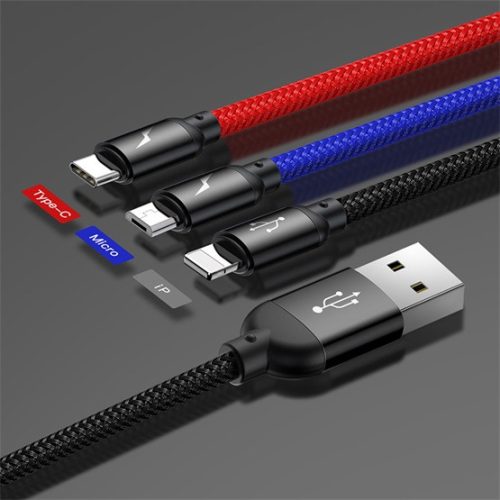 Baseus Three Primary Colors 3-in-1 USB Type-A – iPhone+USB Type-C+Micro USB, 3.5A gyorstöltő adatkábel, 0.3m, fekete