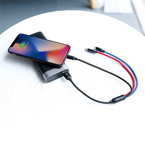 Baseus Three Primary Colors 3-in-1 USB Type-A – iPhone+USB Type-C+Micro USB, 3.5A gyorstöltő adatkábel, 0.3m, fekete