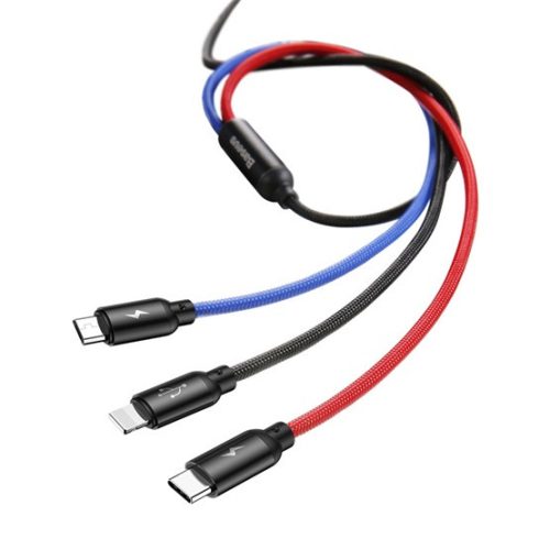 Baseus Three Primary Colors 3-in-1 USB Type-A – iPhone+USB Type-C+Micro USB, 3.5A gyorstöltő adatkábel, 1.2m, fekete