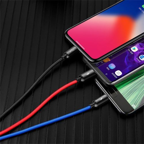 Baseus Three Primary Colors 3-in-1 USB Type-A – iPhone+USB Type-C+Micro USB, 3.5A gyorstöltő adatkábel, 1.2m, fekete