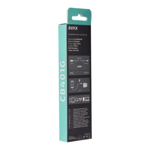 AVAX CB401G STEELY 20W USBA–Lightning töltőkábel, acélszürke - 1,5m