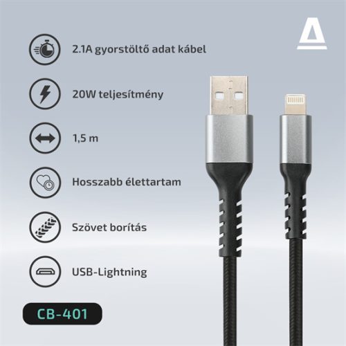 AVAX CB401G STEELY 20W USBA–Lightning töltőkábel, acélszürke - 1,5m