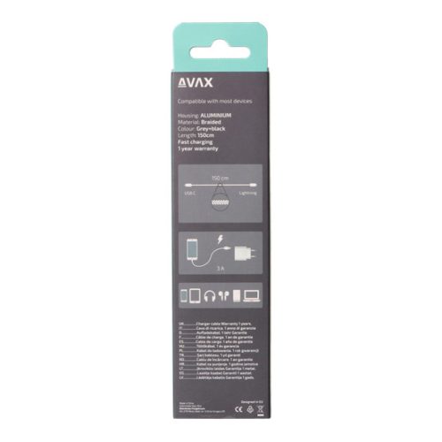 AVAX CB402G STEELY 20W USBC–Lightning töltőkábel, acélszürke - 1,5m