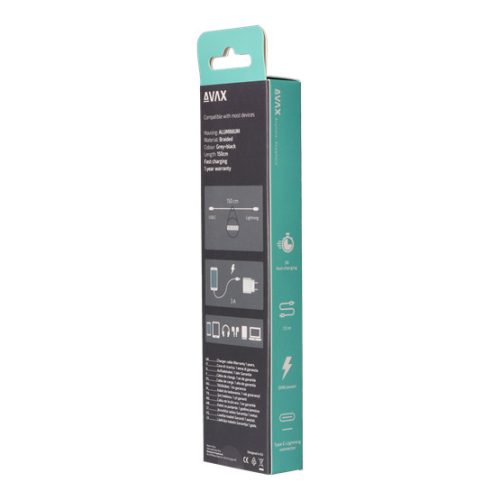 AVAX CB402G STEELY 20W USBC–Lightning töltőkábel, acélszürke - 1,5m