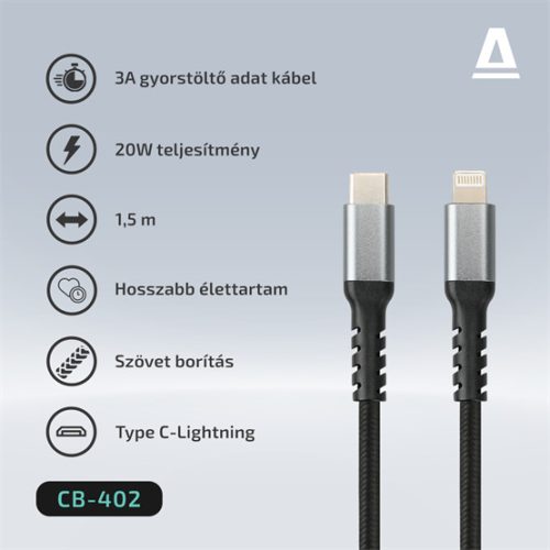 AVAX CB402G STEELY 20W USBC–Lightning töltőkábel, acélszürke - 1,5m