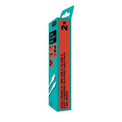 AVAX CB4301 2x 18W USBA–USBC gyorstöltő szilikon kábelcsomag, fehér - 1,5m