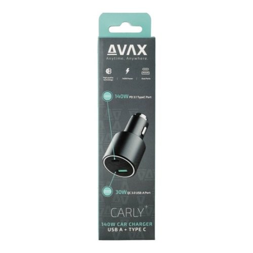 AVAX CC680B CARLY+ USB A + Type C 140W autós töltő, fekete