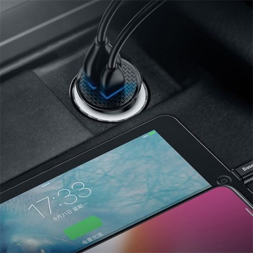 Baseus Circular Plastic autós gyorstöltő 30W, USB Type-A + USB Type-C, fekete