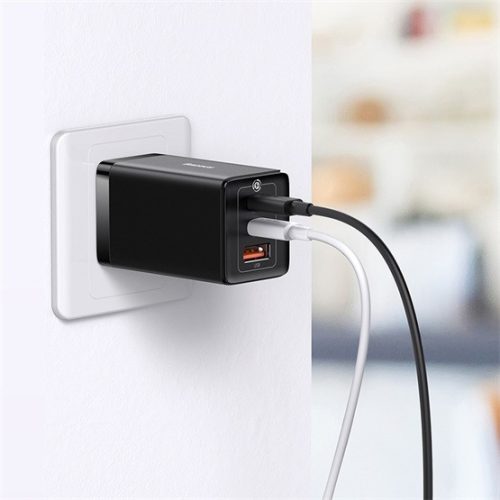 Baseus GaN5 Pro hálózati gyorstöltő 65W, 2×USB Type-C + USB Type-A, fekete + 100W USB Type-C, 1m kábel