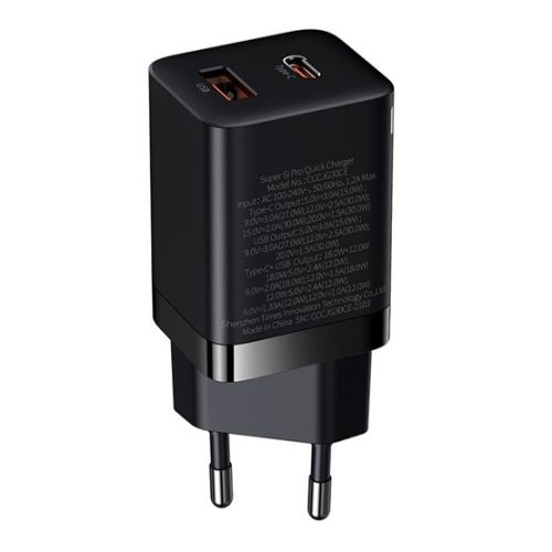 Baseus Super Si Pro hálózati gyorstöltő 30W, USB Type-C + USB Type-A, fekete