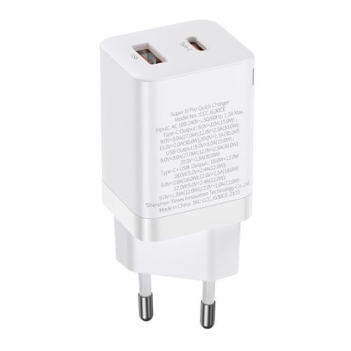 Baseus Super Si Pro hálózati gyorstöltő 30W, USB Type-C + USB Type-A, fehér