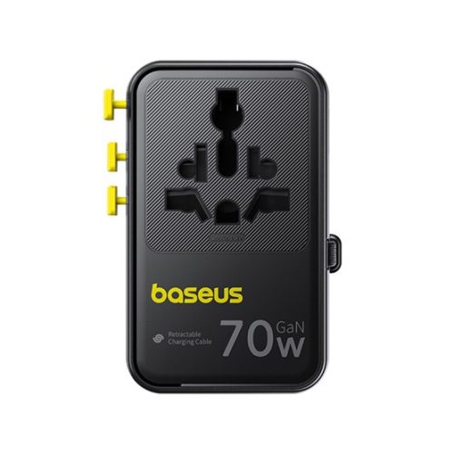Baseus EnerCore CG11 töltőállomás, 70W, 1×AC + 2×USB Type-A + 1×USB Type-C + 1×USB Type-C automata behúzós kábel, fekete