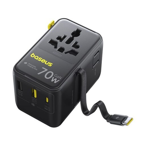 Baseus EnerCore CG11 töltőállomás, 70W, 1×AC + 2×USB Type-A + 1×USB Type-C + 1×USB Type-C automata behúzós kábel, fekete
