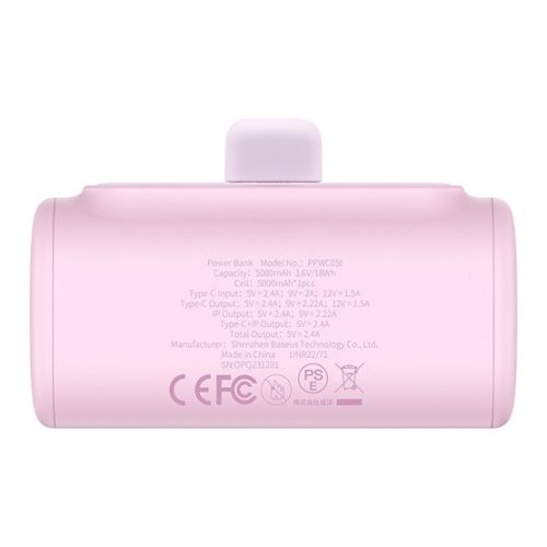 Baseus Compact gyorstöltő powerbank 5000 mAh, 20W iPhone csatlakozóval, rózsaszín
