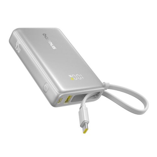 Baseus PicoGo gyorstöltő powerbank 10000 mAh, 45W, beépített USB Type-C kábel, ezüst
