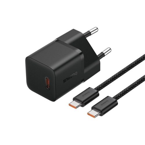 Baseus GaN5 Mini hálózati gyorstöltő 20W, USB Type-C, fekete + 100W USB Type-C, 1m kábel