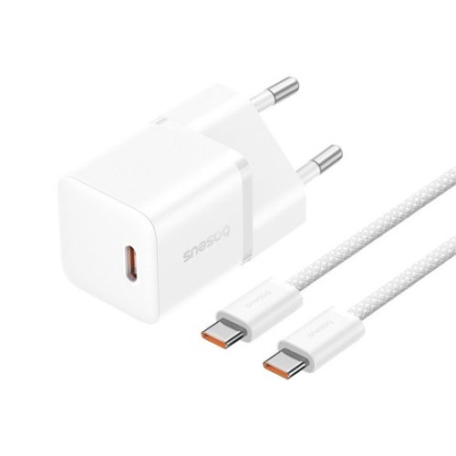 Baseus GaN5 Mini hálózati gyorstöltő 20W, USB Type-C, fehér + 100W USB Type-C, 1m kábel